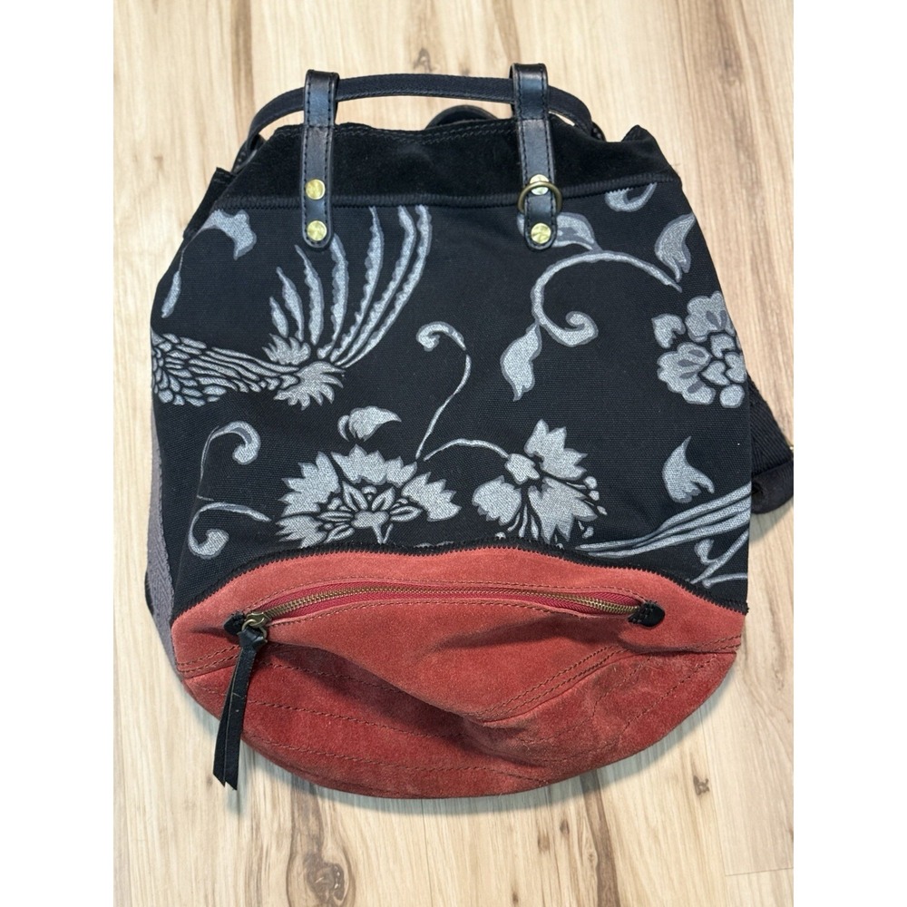 Lucky Brand Large Black Floral Canvas Red Suede Black Leather Backpack Y2K